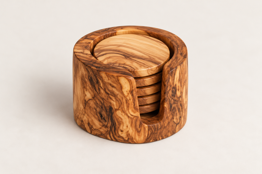 Olive Wood Coasters, Set of 6 with Rustic Holder