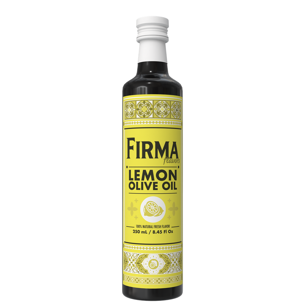 A 250 ml bottle of Firma Family Lemon Olive Oil on a clean white background. The bottle is dark glass with a bright yellow label featuring black text and decorative borders, topped with a white screw cap.