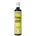 A 250 ml bottle of Firma Family Lemon Olive Oil on a clean white background. The bottle is dark glass with a bright yellow label featuring black text and decorative borders, topped with a white screw cap.