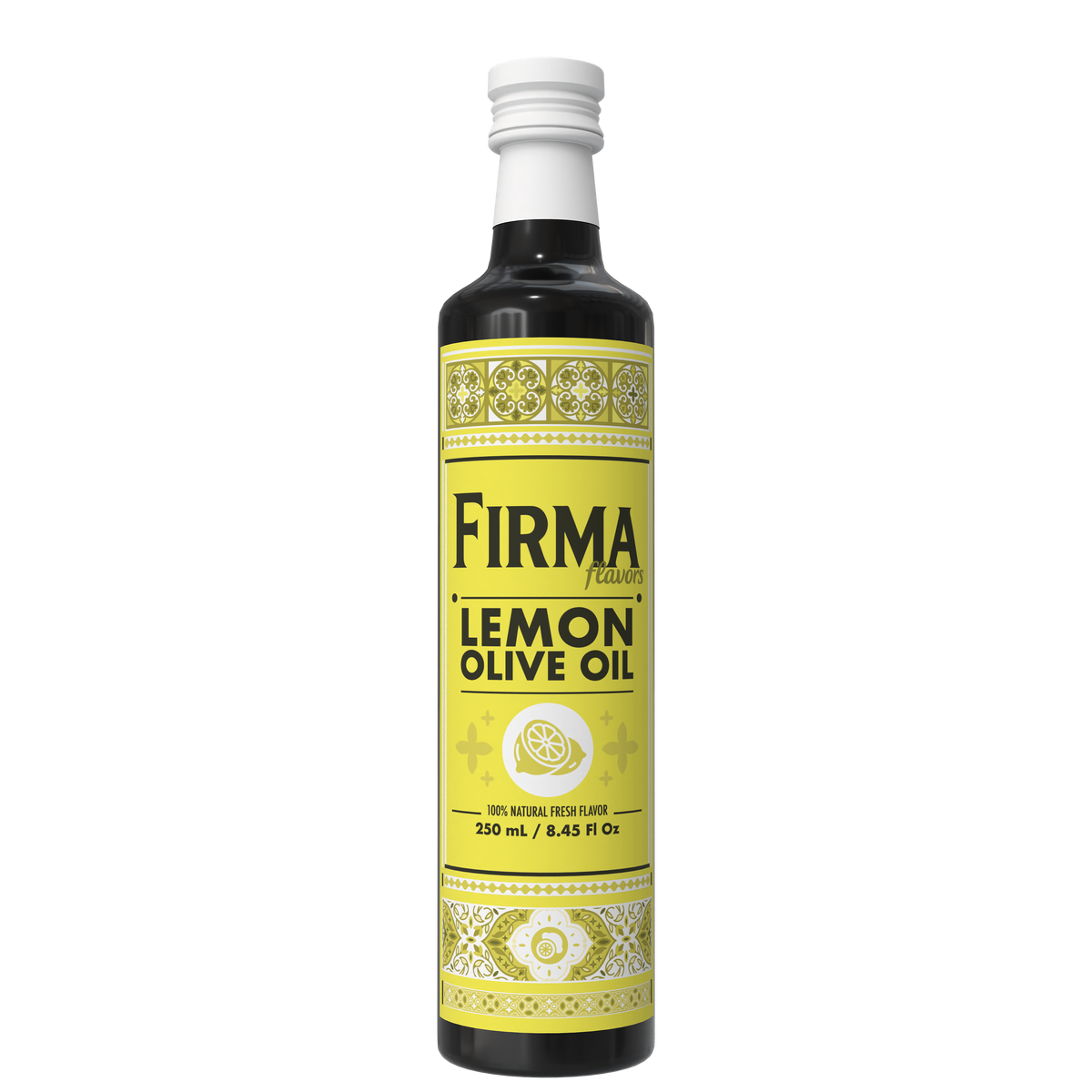 A 250 ml bottle of Firma Family Lemon Olive Oil on a clean white background. The bottle is dark glass with a bright yellow label featuring black text and decorative borders, topped with a white screw cap.