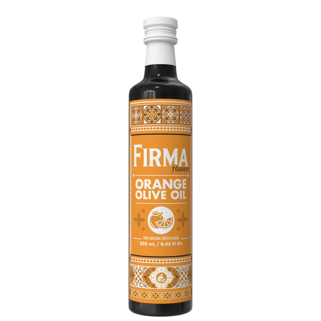 A bottle of Firma Flavour Orange Olive Oil with a white cap and a prominent orange label, shown on a plain white background.