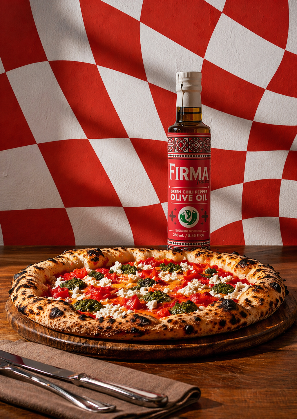 A bottle of FIRMA extra virgin olive oil stands behind a freshly baked pizza on a wooden board, set against a bold red and white checkered background.