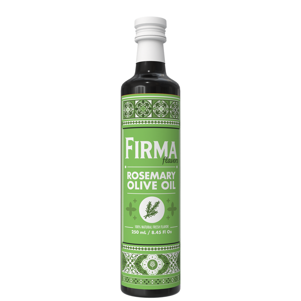 A bottle of Firma brand Rosemary Olive Oil with a green and white label