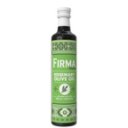 A bottle of Firma brand Rosemary Olive Oil with a green and white label