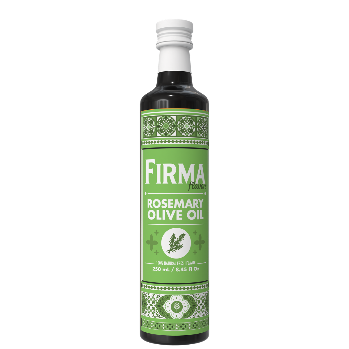 A bottle of Firma brand Rosemary Olive Oil with a green and white label