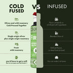 An infographic comparison graphic for a bottle of fire rose olive oil, split into two columns: 'COLD FUSED' on a light sage green background and 'INFUSED' on a dark forest green background. The center features a semi-transparent bottle mockup showing the product inside, which is a green oil in a clear bottle with a white cap and a red chechia hat.