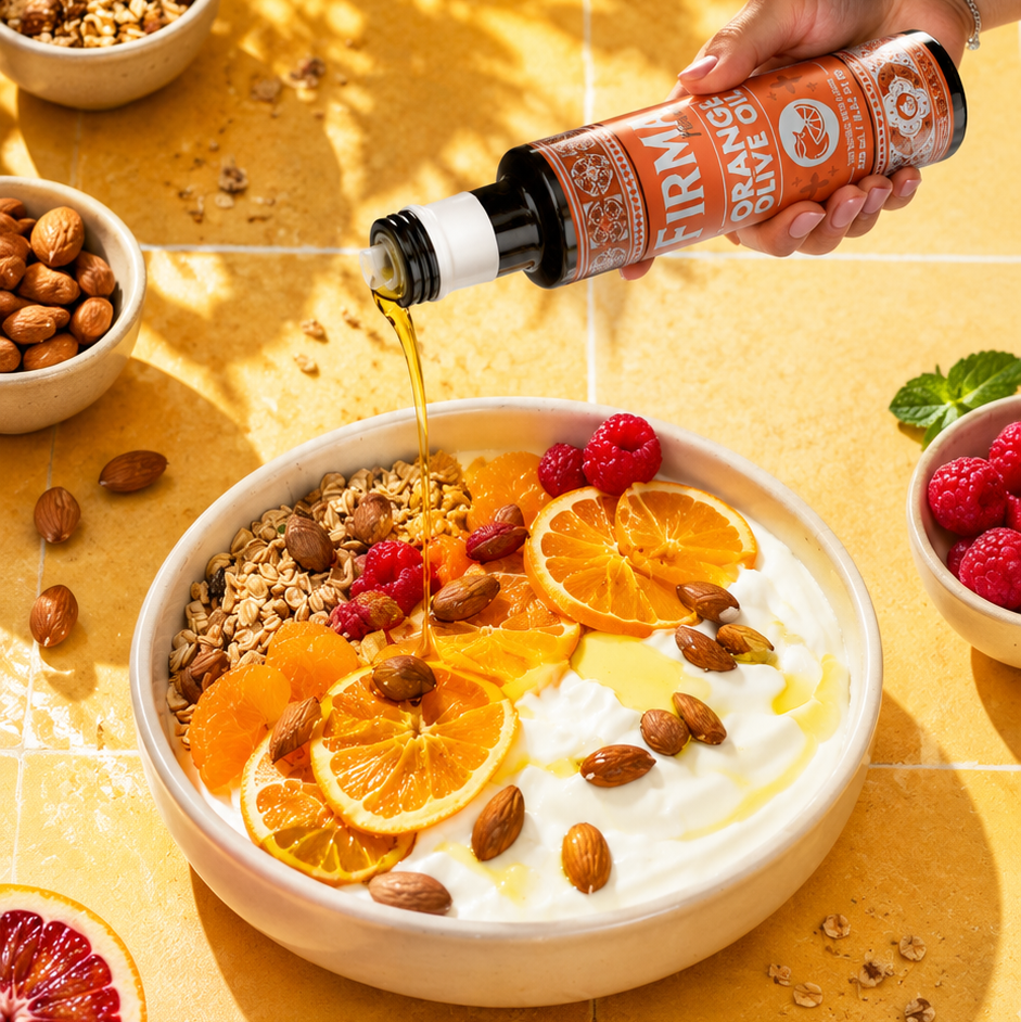 A hand pours a golden liquid from a bottle labeled 'Orange Olive Oil' into a bowl of yogurt topped with granola, sliced orange, raspberries, and almonds, set on a warm yellow tiled surface with fruit slices and small bowls around it.